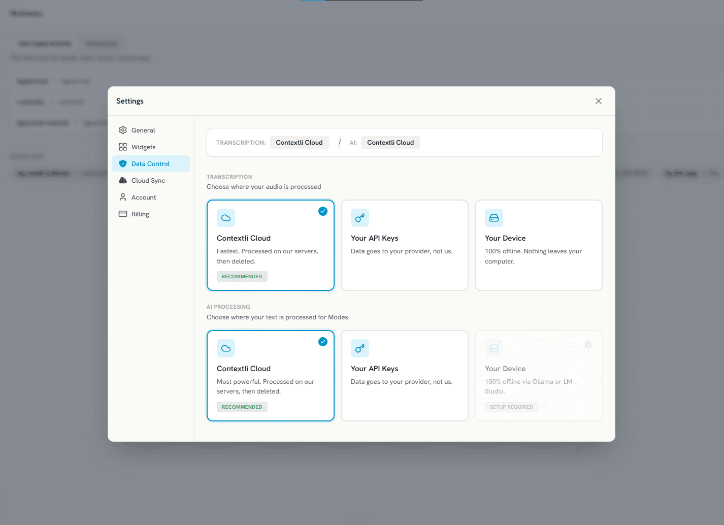 Contextli Data Control settings on Windows: choose Contextli Cloud, your own API keys, or your device for transcription and AI