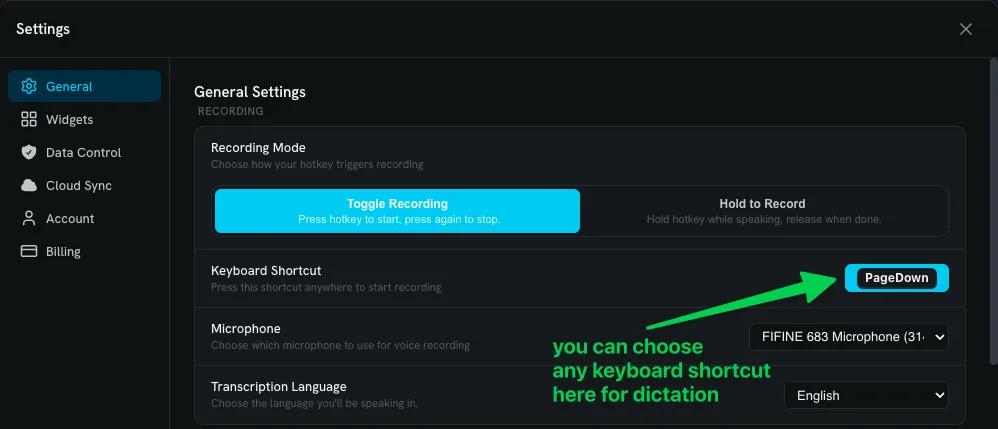Contextli Settings, General: Recording Mode set to Toggle Recording and Keyboard Shortcut set to PageDown