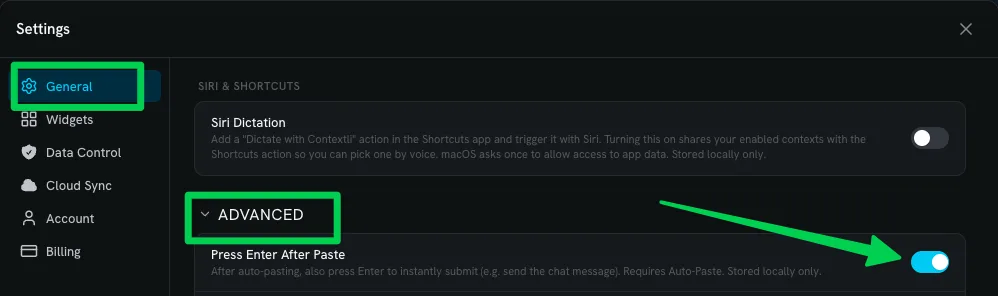 Contextli Settings, General, Advanced: Press Enter After Paste turned on, with the Siri Dictation setting above it