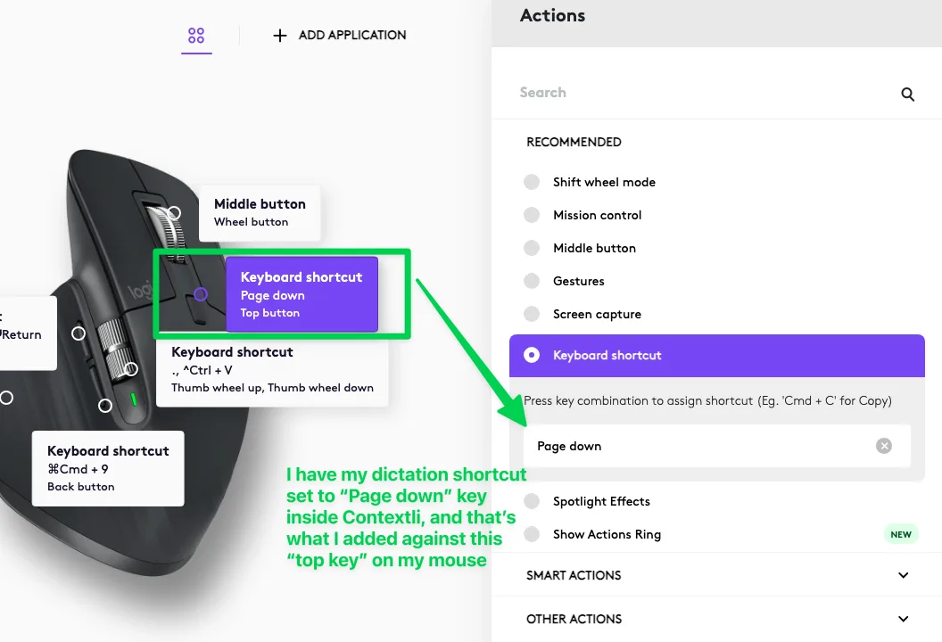 Logi Options+ with the top button of a Logitech MX mouse assigned the keyboard shortcut Page down