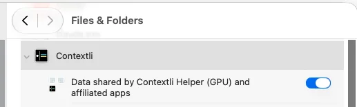 macOS Files and Folders privacy settings with Contextli allowed to use data shared by Contextli Helper